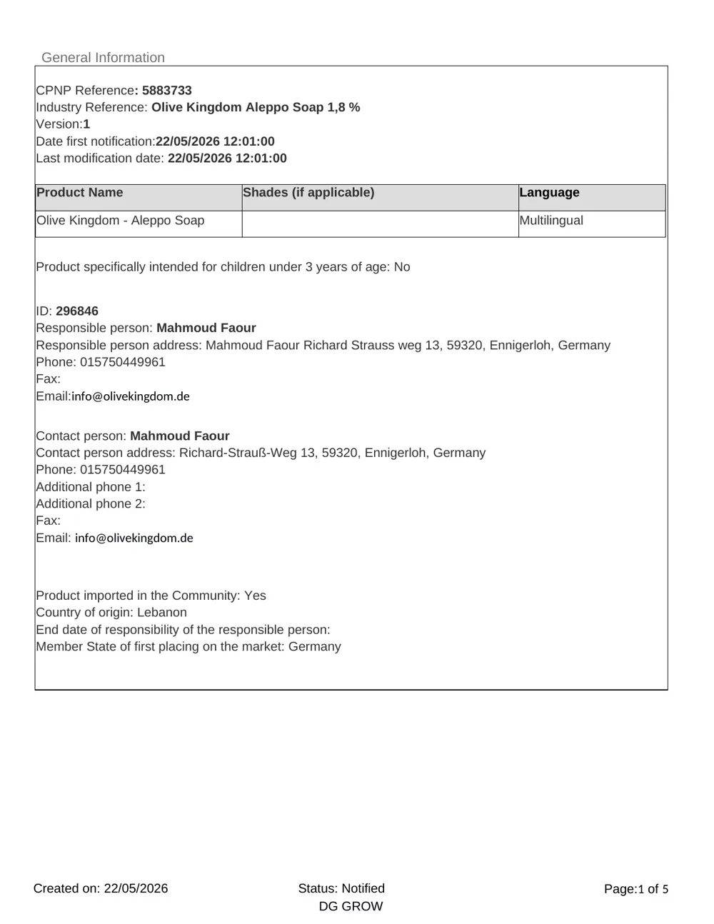 CPNP notification record